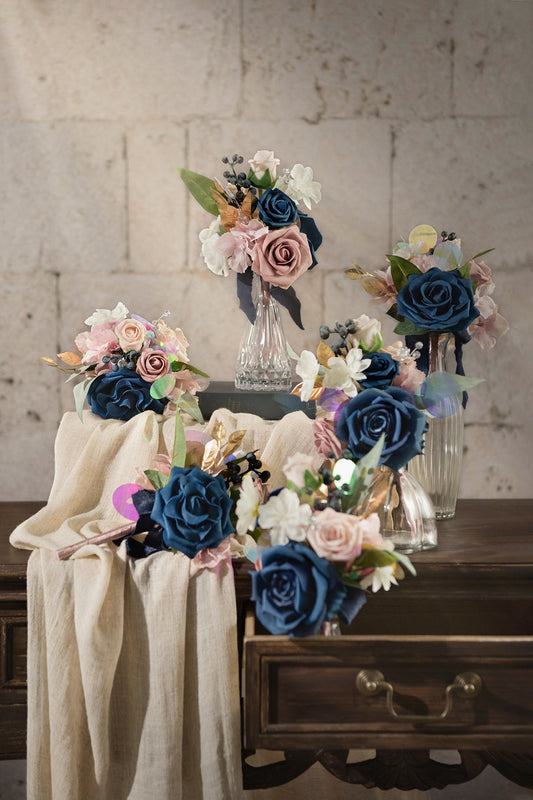 Mini Premade Flower Centerpiece Set in Dusty Rose & Navy